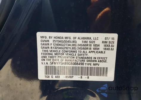 2016 Honda Pilot Ex-L z USA, uszkodzony, nr VIN 5FNYF5H89GB008490